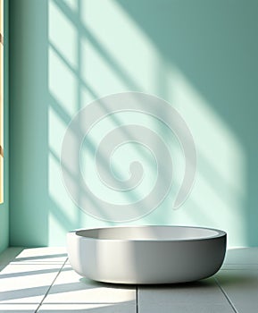 Minimal modern white round stone podium in sunlight window grilles shadow on pastel turquoise blue green wall for luxury cosmetic