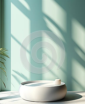 Minimal modern white round stone podium in sunlight window grilles shadow on pastel turquoise blue green wall for luxury cosmetic