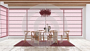 Minimal modern wooden dining room with table and chairs in white and red tones. Limestone marble floor and beams ceiling. Elegant