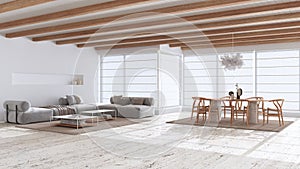 Minimal modern wooden living and dining room with sofa and table in white and beige tones. Limestone marble floor and beams