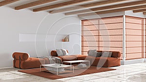 Minimal modern wooden living room with sofa and table in white and orange tones. Limestone marble floor and beams ceiling. Japandi