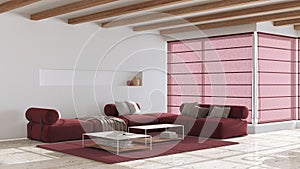 Minimal modern wooden living room with sofa and table in white and red tones. Limestone marble floor and beams ceiling. Japandi