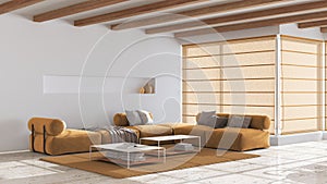 Minimal modern wooden living room with sofa and table in white and yellow tones. Limestone marble floor and beams ceiling. Japandi