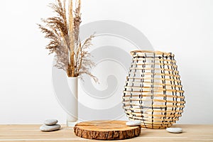 Minimal natural wood home decor with pine wood disc pedestal with bark.