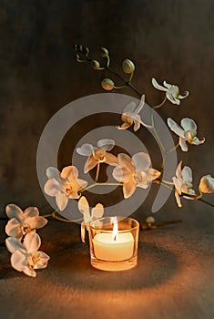 Minimal Orchid And Candle Composition With Warm Light And Copy Space