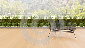 Minimal outdoor lounging terrace and seating chair with beautiful mountain view , 3D illustration rendering