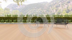 minimal outdoor lounging terrace and seating chair with beautiful mountain view , 3D illustration rendering