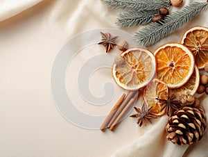 Minimal pastel composition with dried oranges, cinnamon sticks
