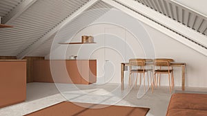 Minimal penthouse in white and orange tones. Kitchen, living and dining room with sofa and table. Wooden walls, iron beams and