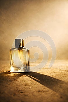 Minimal Perfume Bottle With Dramatic Shadow And Warm Empty Background