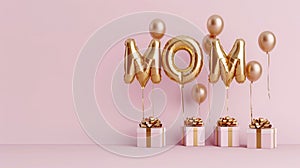 minimal pink banner background, suitable for Mother's Day. Mom balloon word