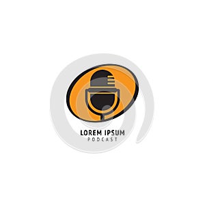 Minimal podcast logo design template. Silhouette retro microphone icon illustration with yellow oval ellipse shape behind. Stand