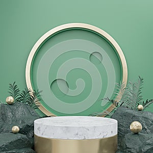 Minimal Podium display with tropical leaf on green wall, Scene mockup for product presentation