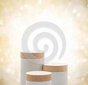 Minimal podium table top floor golden glowlight glitter blurred background.luxury beauty cosmetic present product placement stand