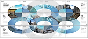 Minimal presentations design, portfolio vector templates with circle elements on white background. Multipurpose template