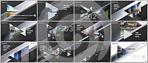 Minimal presentations design, portfolio vector templates with triangles and triangular elements. Multipurpose template