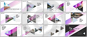 Minimal presentations design, portfolio vector templates with triangles and triangular elements. Multipurpose template