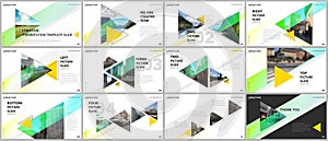 Minimal presentations design, portfolio vector templates with triangles and triangular elements. Multipurpose template