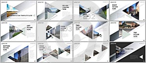 Minimal presentations design, portfolio vector templates with triangles and triangular elements. Multipurpose template