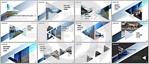 Minimal presentations design, portfolio vector templates with triangles and triangular elements. Multipurpose template