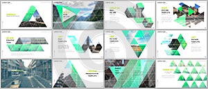 Minimal presentations design, portfolio vector templates with triangular design background, triangle style pattern