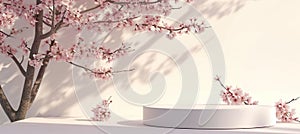 minimal product display white podium with cherry blossom background, 3d render