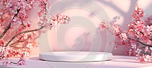 minimal product display white podium with cherry blossom background, sunlight shadows