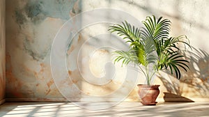 Minimal product placement background with green plant and shadow on the wall