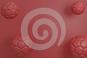 Minimal red color soccer or football balls in the midair 3D render illustration