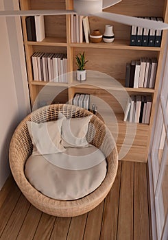 Minimal Scandinavian cozy living room or home reading room interior design with wicker armchair