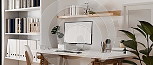 Minimal Scandinavian white home office workspace with computer mockup on table