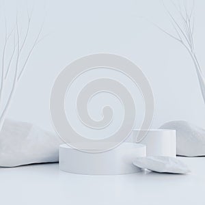 Minimal scene mockup with white cylinders podium and stone on white color background for product presentation.3D Rendering