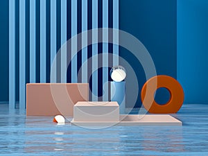 Minimal scene with podium in water and abstract blue background. Geometric shapes.