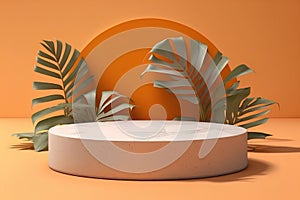 Minimal scene with round podium and palm leaves. 3d render