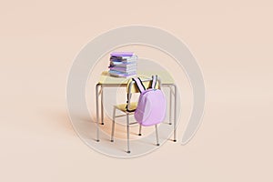 Minimal school desk full of books with pink backpack hanging on the chair on pastel background