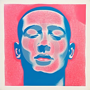 Minimal Screenprint Illustration Of A Man In Blue And Pink
