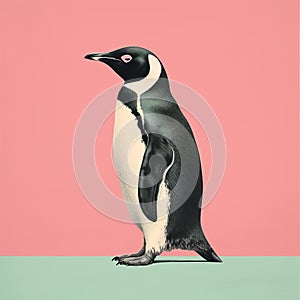 Minimal Screenprint Illustration Of Penguin On Abstract Pink Background