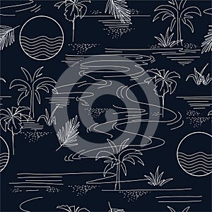 Minimal seamless pattern in vector of island summer mood and tone with line ,Design for fashion fabric web wallpaper and all