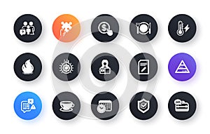 Minimal set of Espresso, Approved shield and Fire energy flat icons for web development. For design. Vector