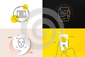 Minimal set of Face detection, Alcohol addiction and Agreement document line icons. For web development. Vector