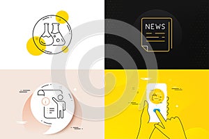 Minimal set of Fake news, Chemistry lab and Manual doc line icons. For web development. Vector