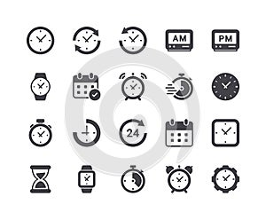 Minimal Set of Time and Clock Glyph Icons