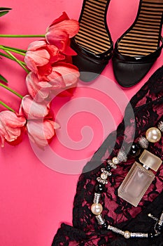 Minimal set of women accessories and bouquet tulips