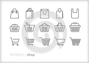 Shop icons of shopping carts, shopping baskets and bags