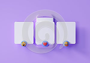 Minimal social media mockup, Smartphone with interface carousel and emojis post on social network on purple background. 3d render