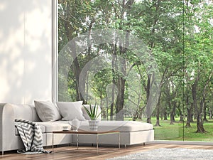 Minimal sofa located at the window with nature view 3d render