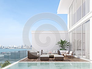 Minimal stye white house with wooden swimming pool terrace 3d render