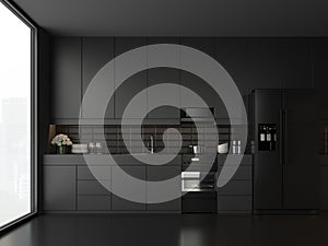 Minimal style black kitchen 3d render