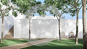 Minimal style garden with wooden walk way 3d render