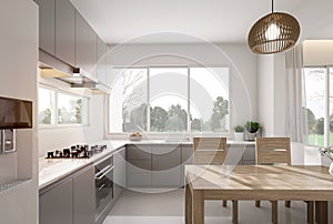 Minimal style kitchen and dining room with nature view 3d render